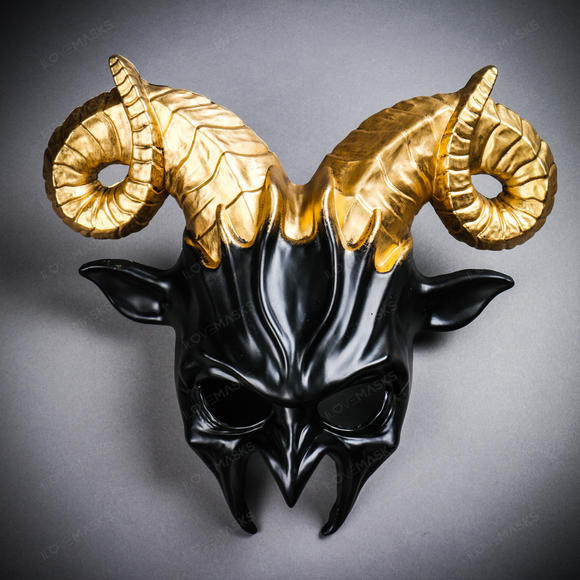 Krampus Ram Demon with Horns Devil Halloween Mask - Black  Gold - Picture 1 of 5